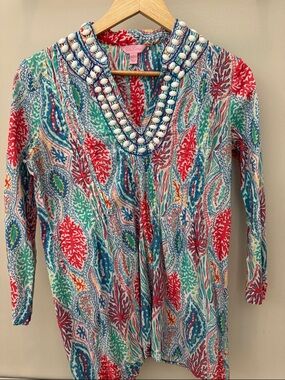 Lilly Pulitzer Coral Embellished V-Neck Tunic women’s small